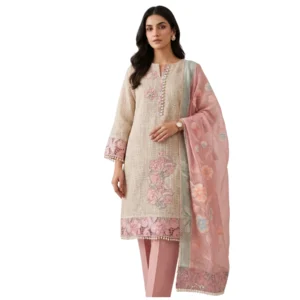 Mul cotton unstitched suit with dusty rose pink dupatta and natural woven look by Kharatis