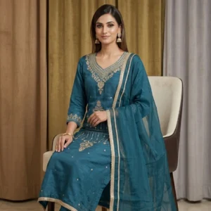 Women’s teal blue crepe unstitched suit with diamond work