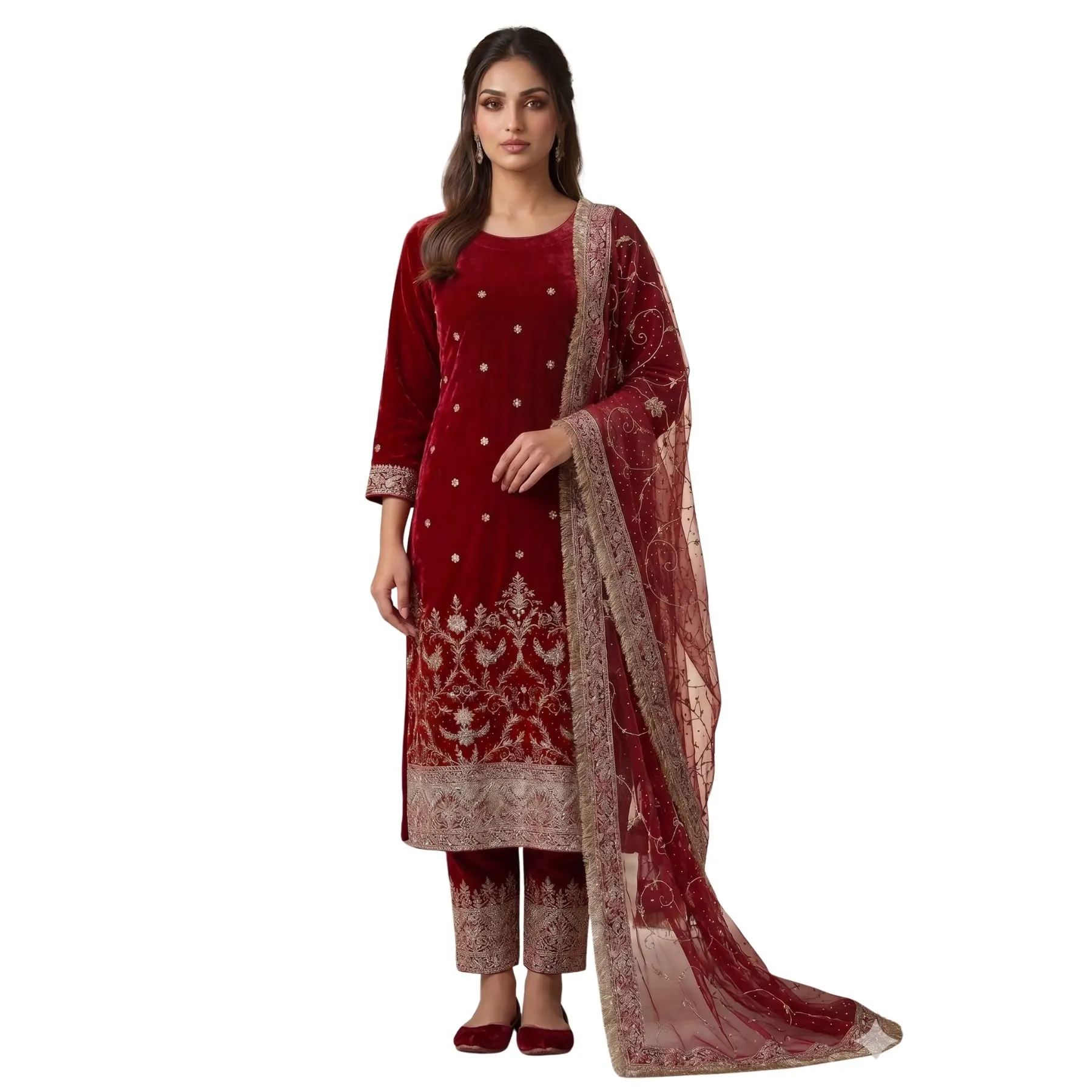 Maroon pure crepe unstitched suit for women
