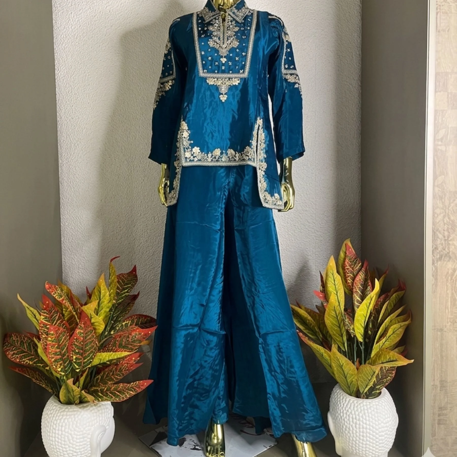 Kharatis Masline Silk Suit with Dabka and Thread Work Lace Design