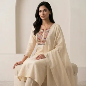 White chinnon unstitched suit with thread knot work on neck by Kharatis