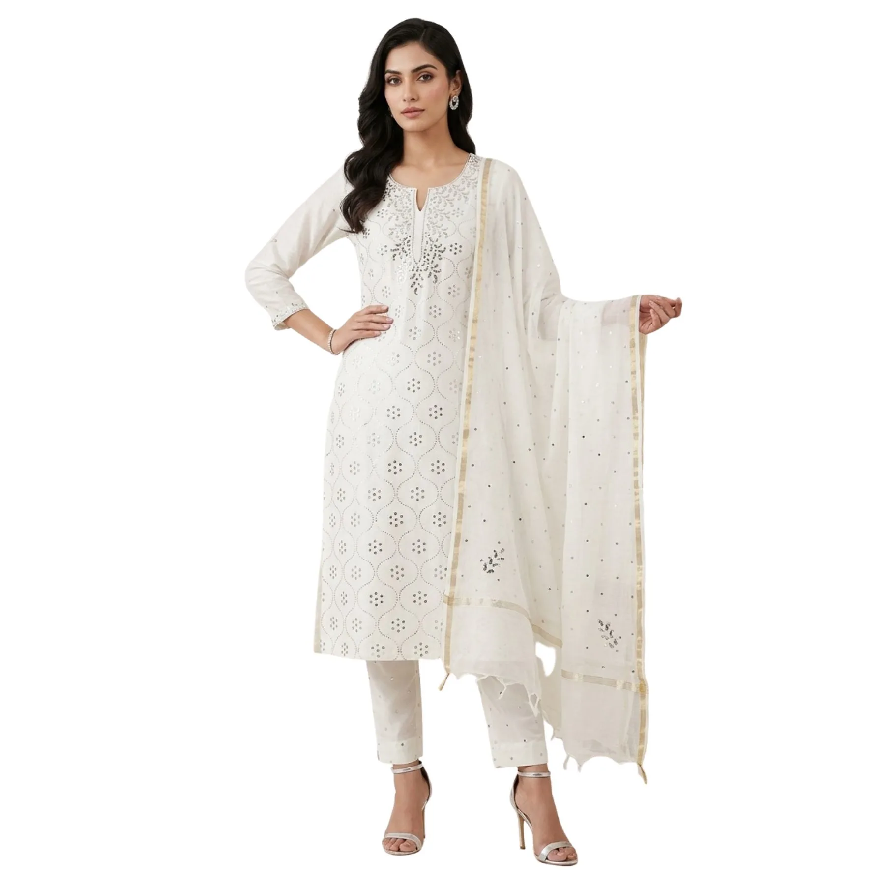 White mul fabric unstitched suit for women