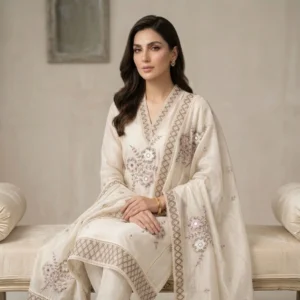 Women embroidered mul cotton unstitched suit with embroidered dupatta by Kharatis