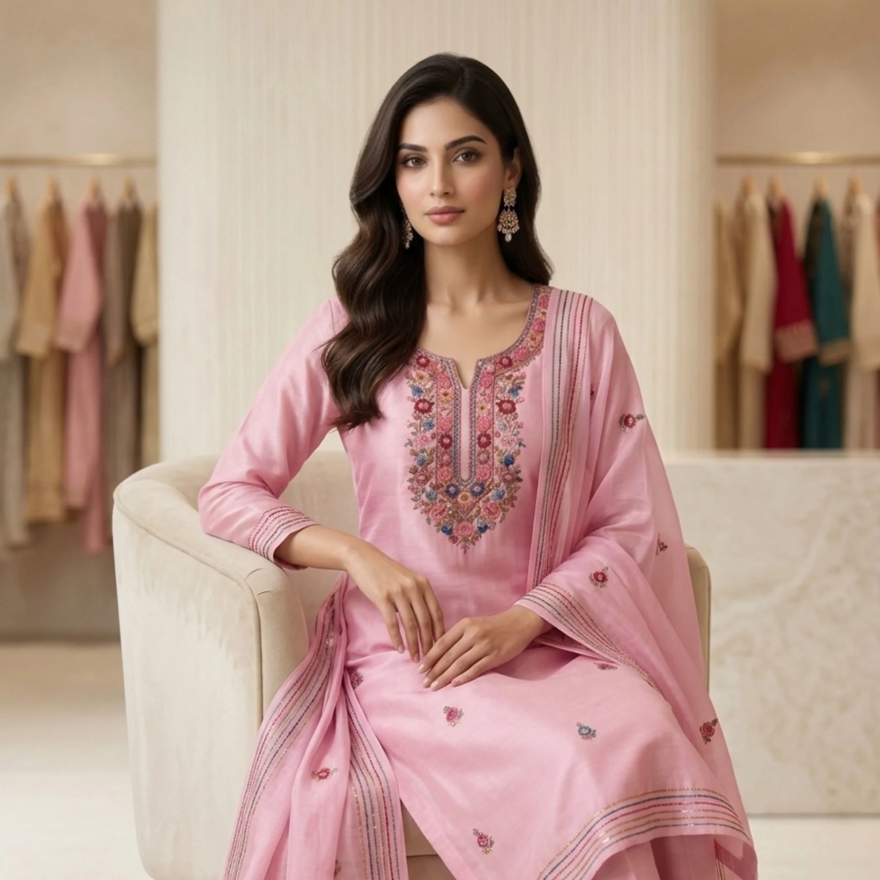 Pink georgette unstitched suit with thread knot work on neck by Kharatis