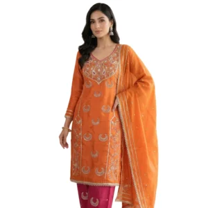 Orange and magenta Masleen silk unstitched suit