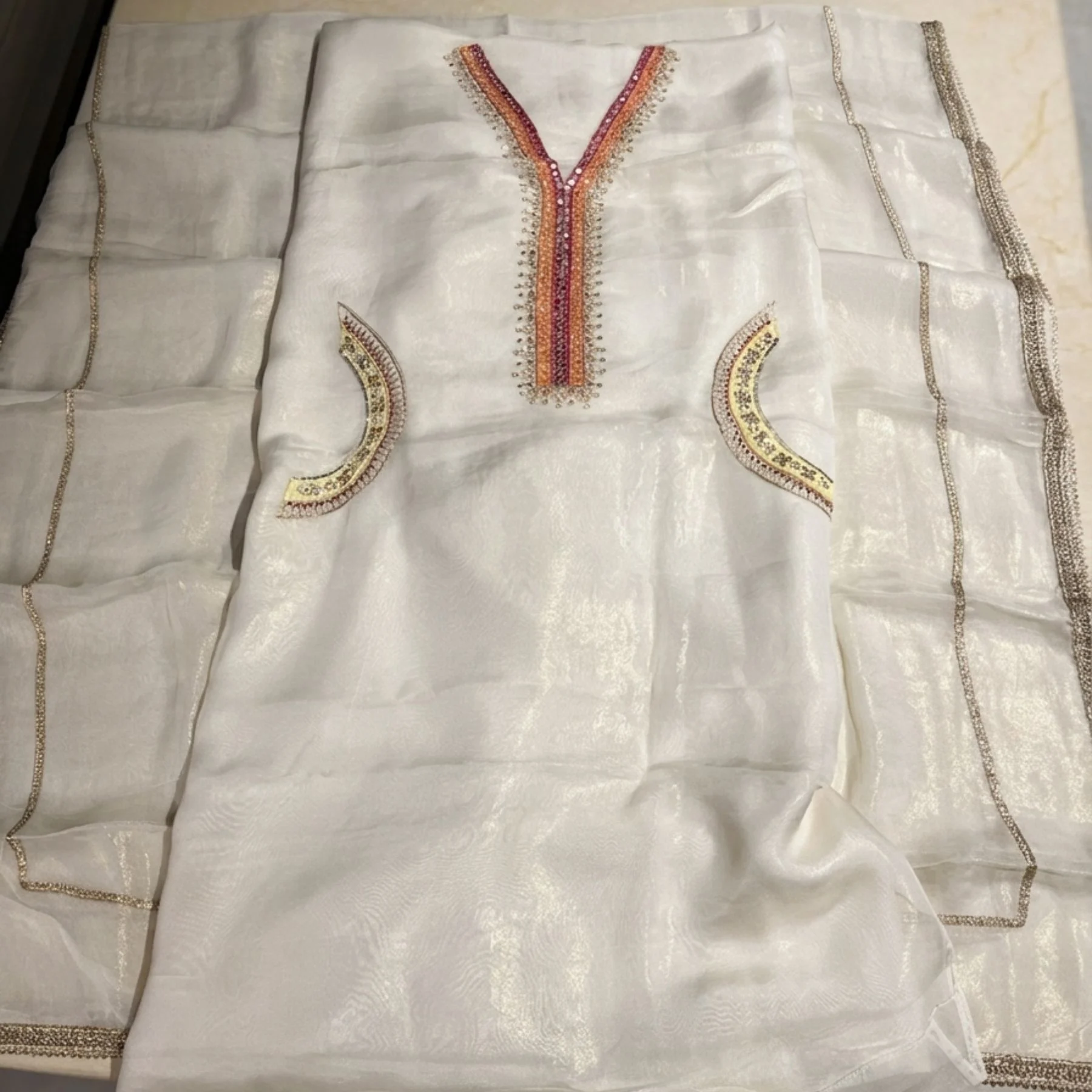 Off white organza unstitched suit for women
