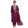 Wine georgette unstitched suit with thread work on neck and plain bottom by Kharatis