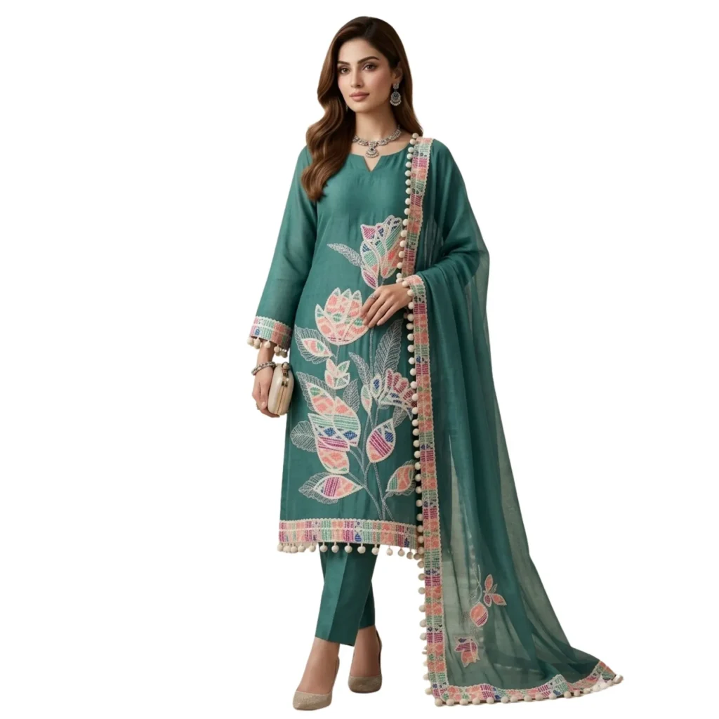 Green pure mul cotton unstitched suit with embroidery work by Kharatis