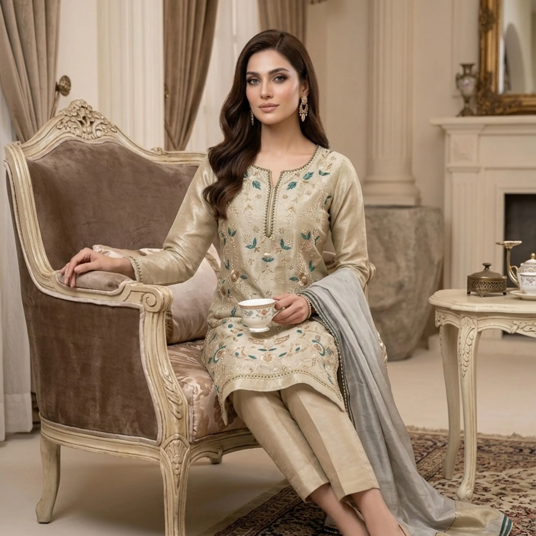 Women’s golden shimmer embroidered unstitched suit