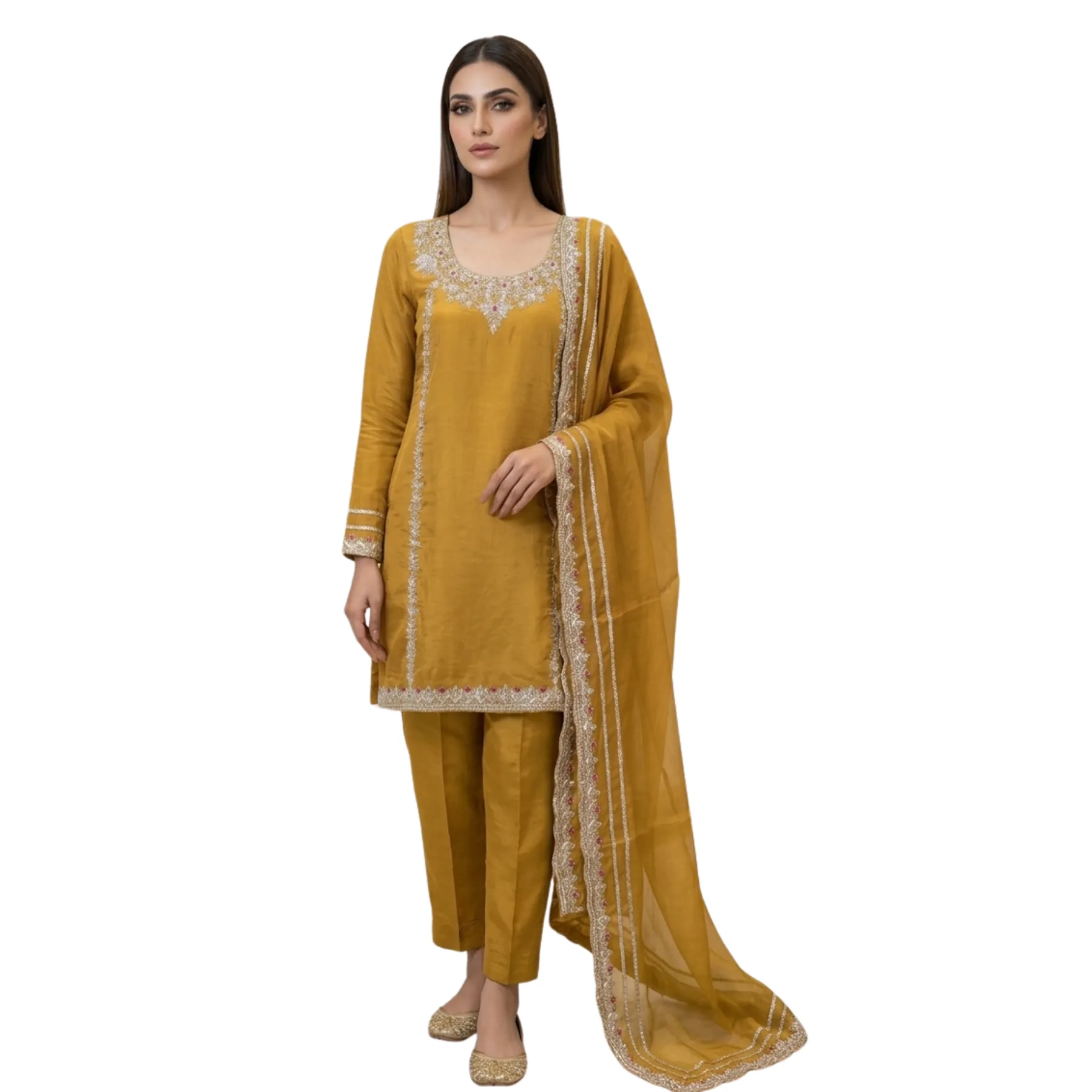Women’s mustard unstitched suit with dabka work