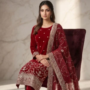 Maroon pure crepe unstitched suit for women