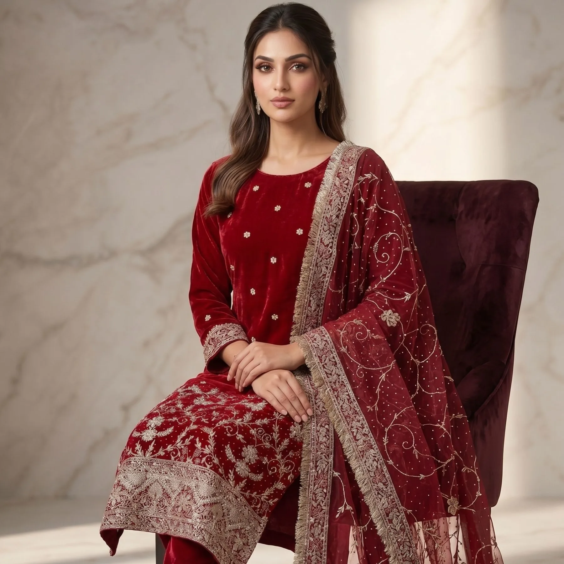 Maroon pure crepe unstitched suit for women