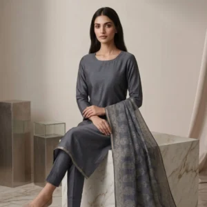 Grey mul chanderi unstitched suit with pure cotton printed dupatta by Kharatis