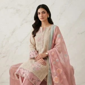 Mul cotton unstitched suit with dusty rose pink dupatta and natural woven look by Kharatis