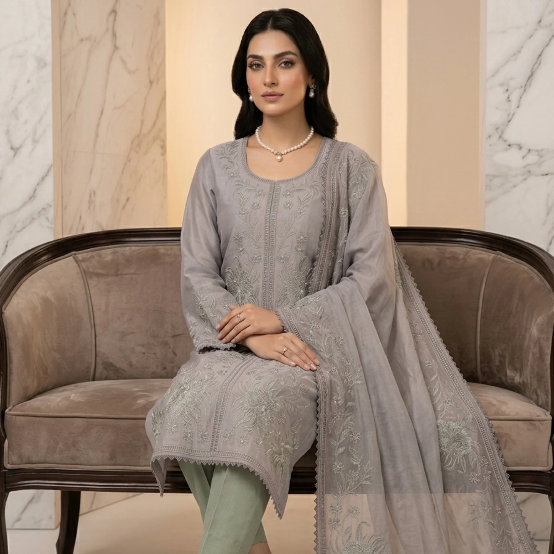 Soft gray mul cotton unstitched suit with sage green bottom and mint gray thread work by Kharatis