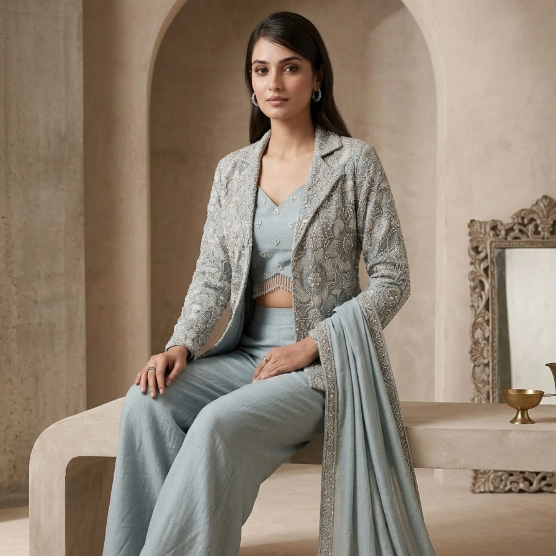 Women’s organza pearl work co-ord set with dupatta