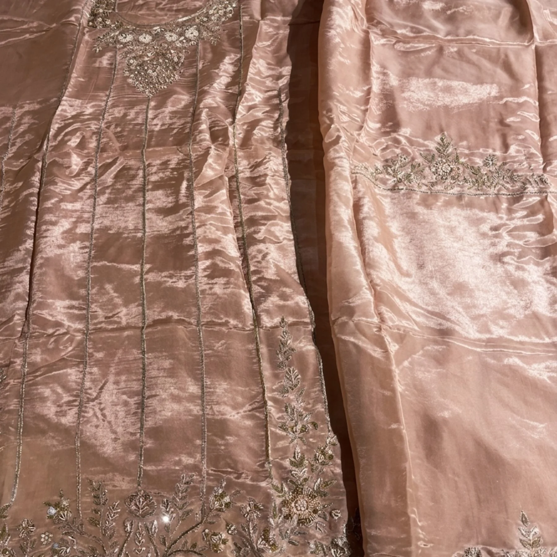 Women’s Tabby Silk Unstitched Suit with Dabka Neck & Ghera Work