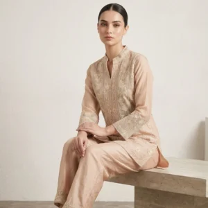 Woman wearing beige organza embroidered co-ord set with sippy work