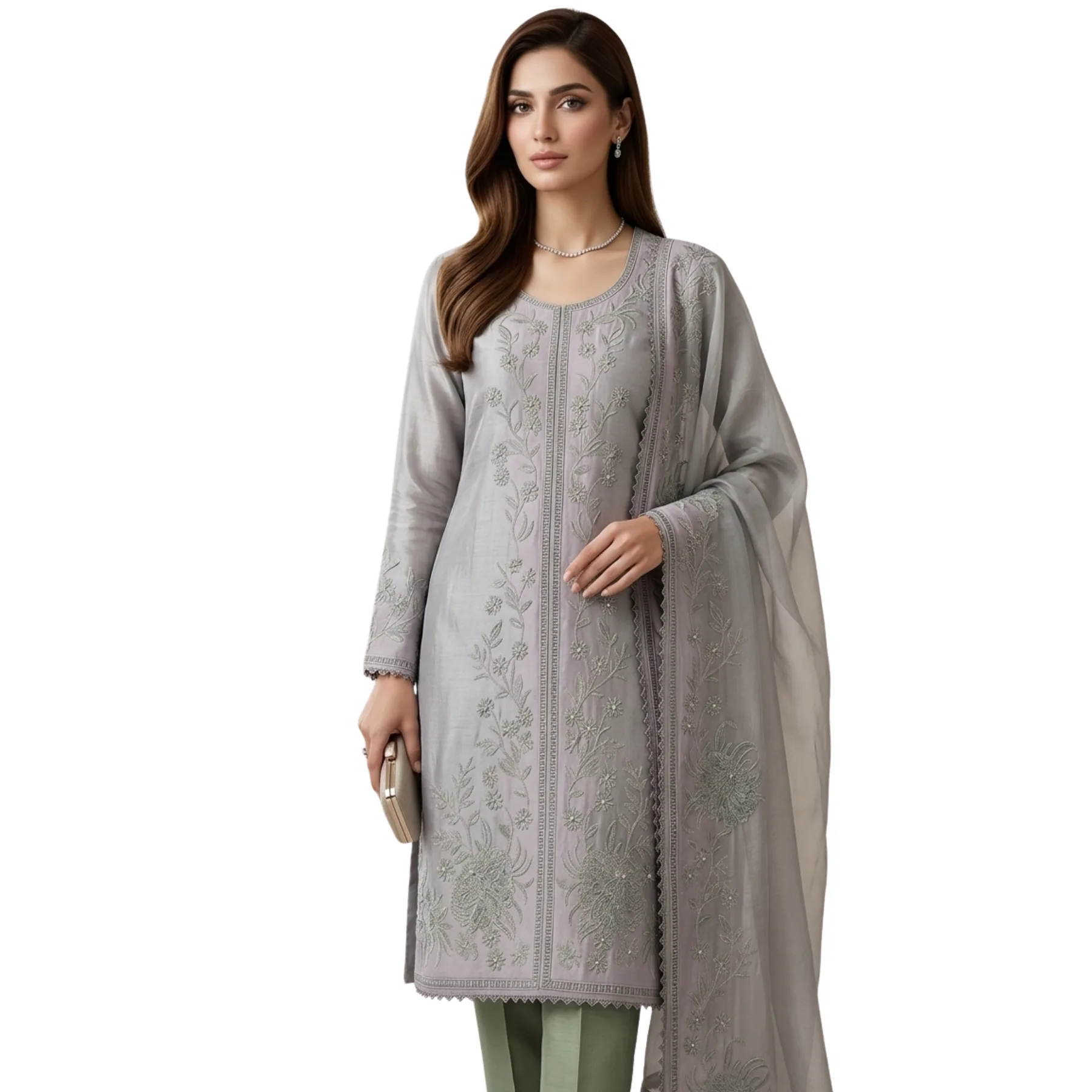 Soft gray mul cotton unstitched suit with sage green bottom and mint gray thread work by Kharatis