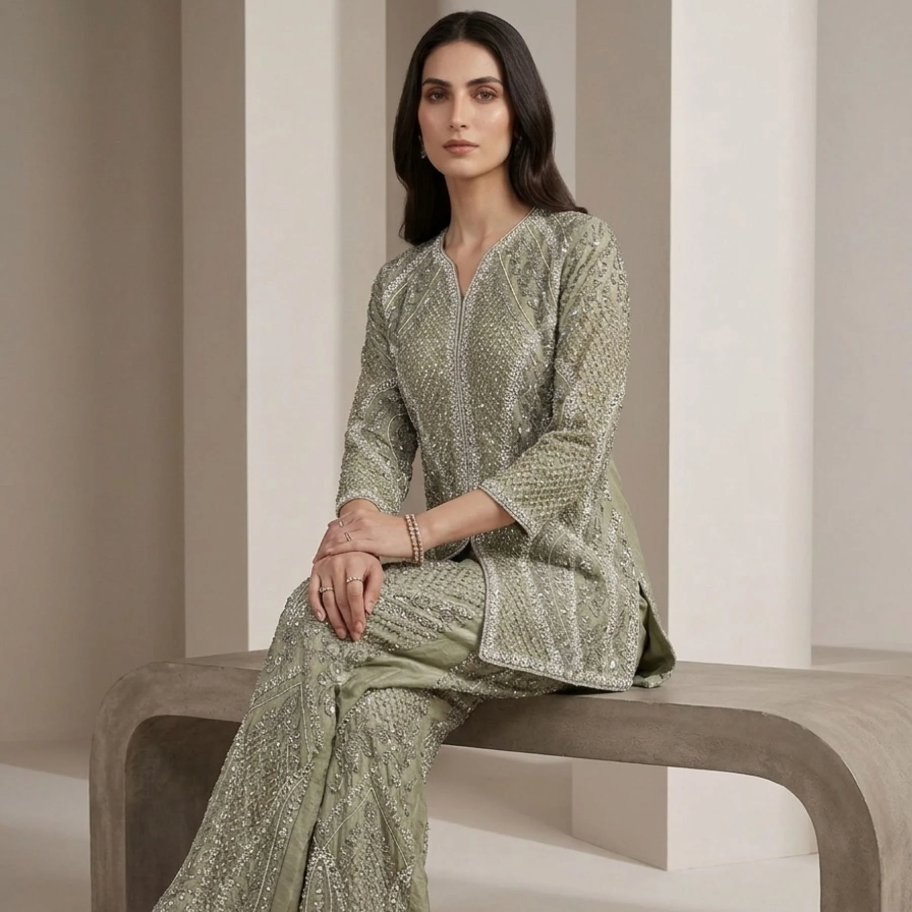 Woman wearing sage green organza pearl work co-ord set with dupatta
