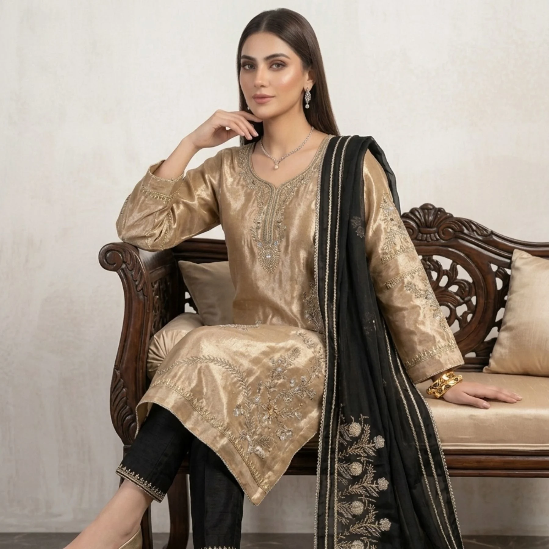 Women’s golden shimmer unstitched suit with dabka work