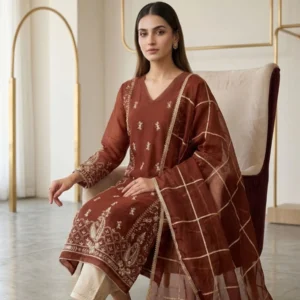 Women’s maroon crepe embroidered unstitched suit