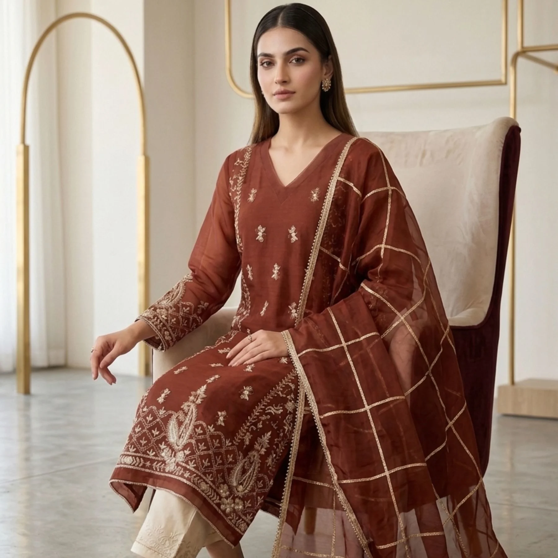 Women’s maroon crepe embroidered unstitched suit