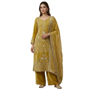 Green golden unstitched suit for women