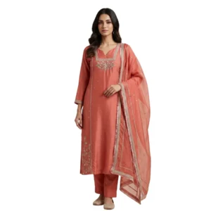 Pink organza unstitched suit with sippi cut daana and dabka work by Kharatis