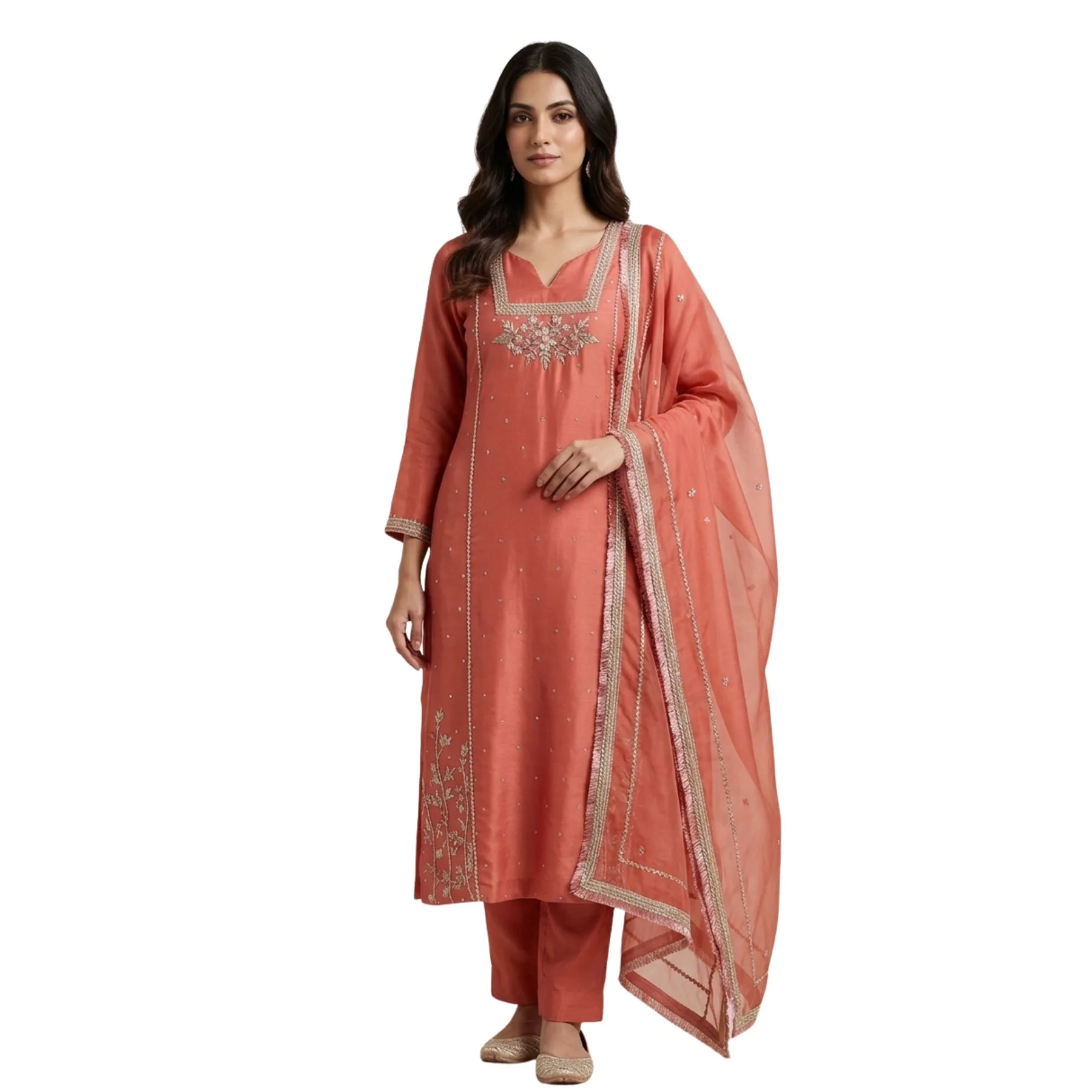 Pink organza unstitched suit with sippi cut daana and dabka work by Kharatis