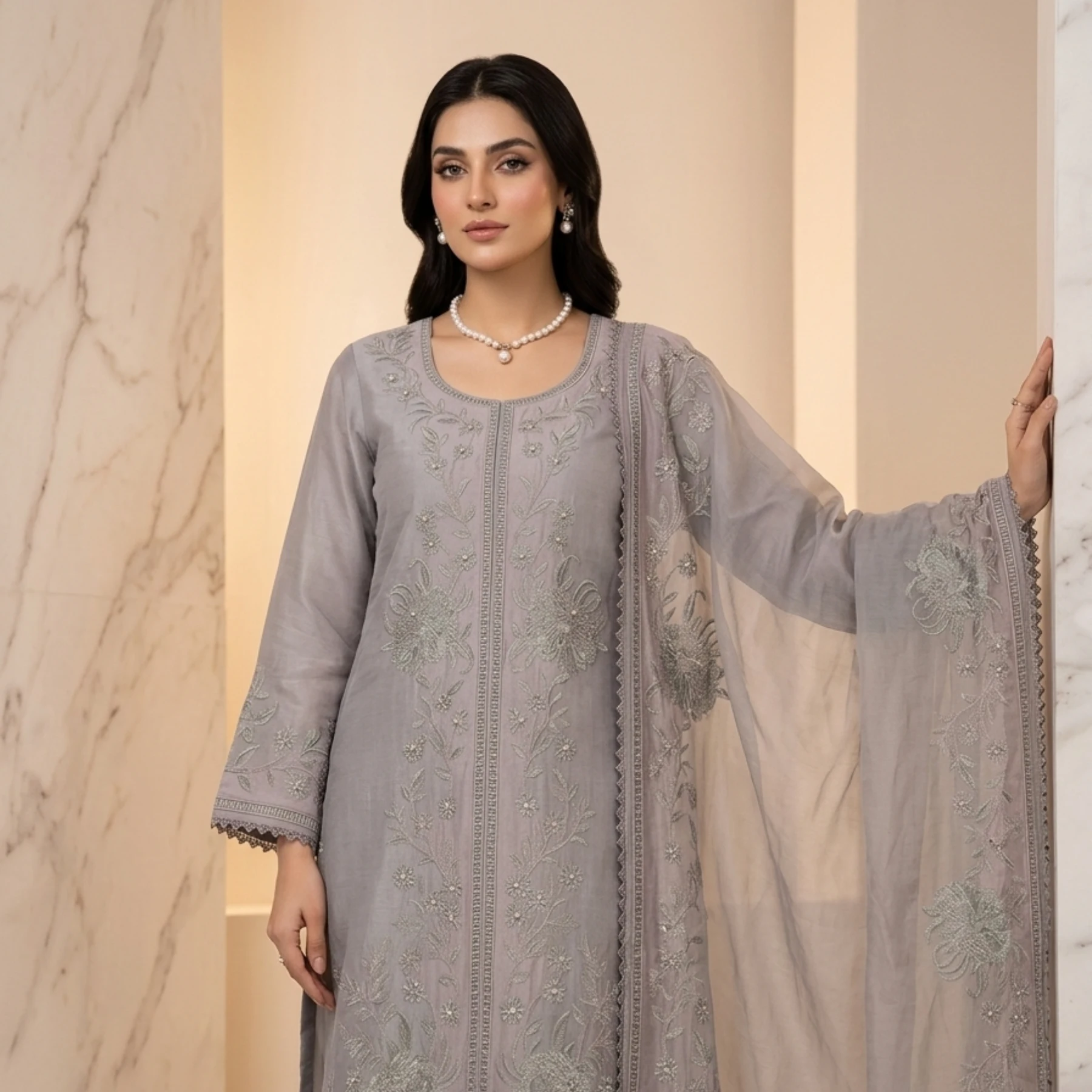 Soft gray mul cotton unstitched suit with sage green bottom and mint gray thread work by Kharatis