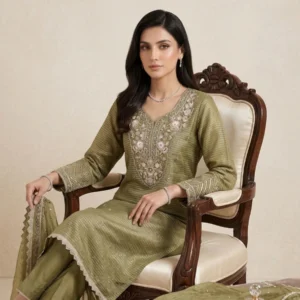 Women’s mehndi green embroidered unstitched suit