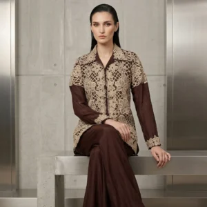 Woman wearing chinnon co-ord set with thread work embroidery