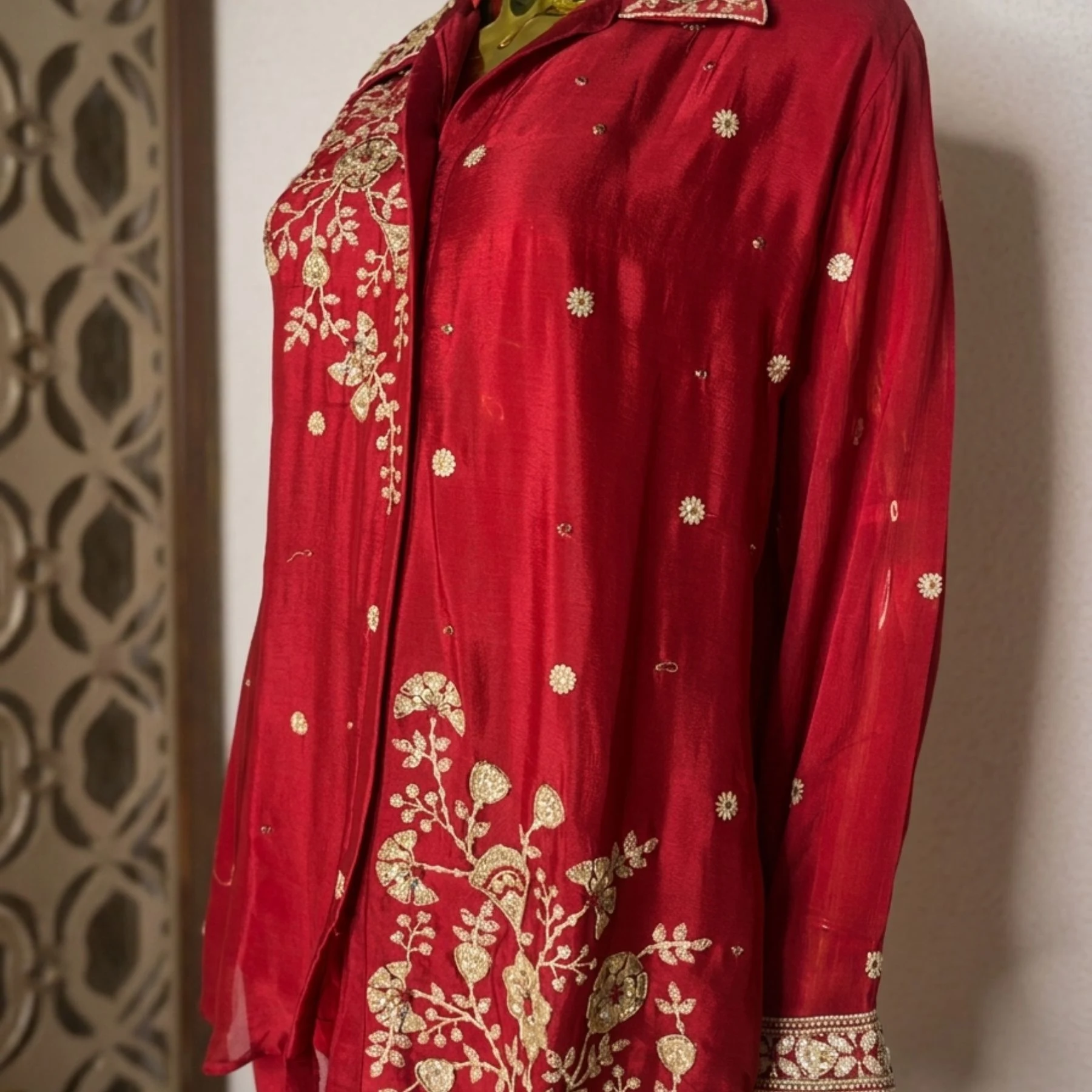 Woman wearing wine chinnon zari work embroidered co-ord set