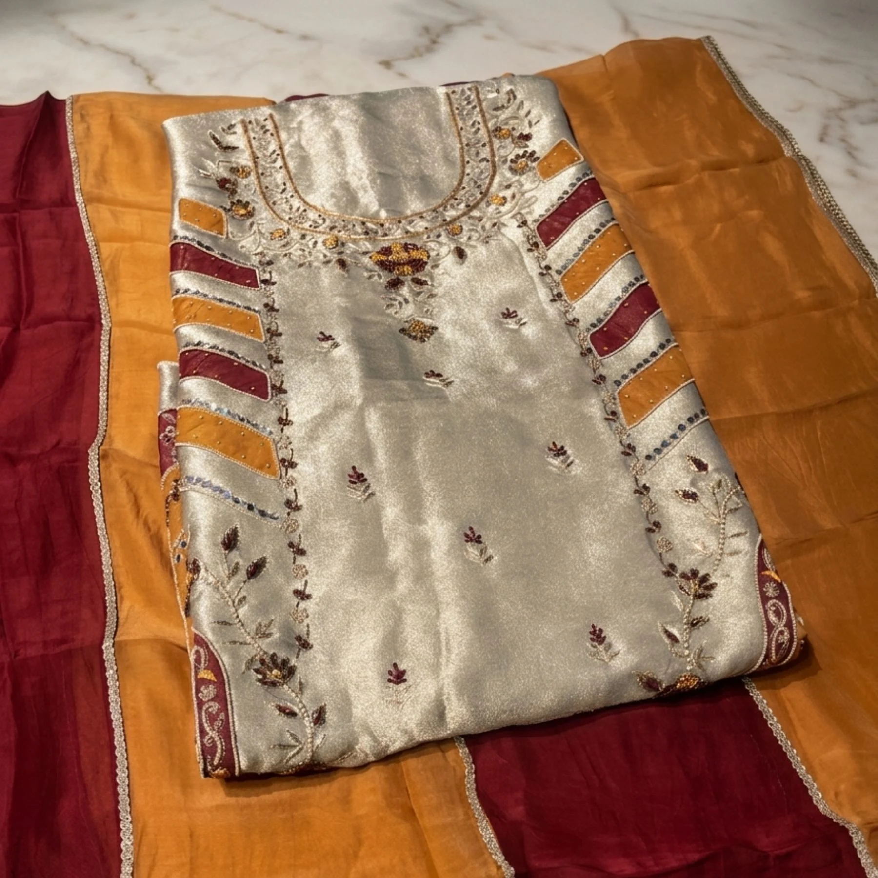 Silver shimmer silk unstitched suit for women