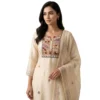 White chinnon unstitched suit with thread knot work on neck by Kharatis