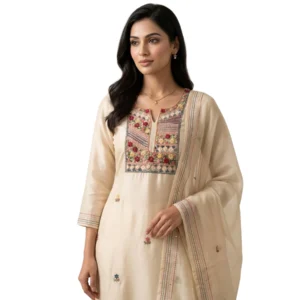 White chinnon unstitched suit with thread knot work on neck by Kharatis