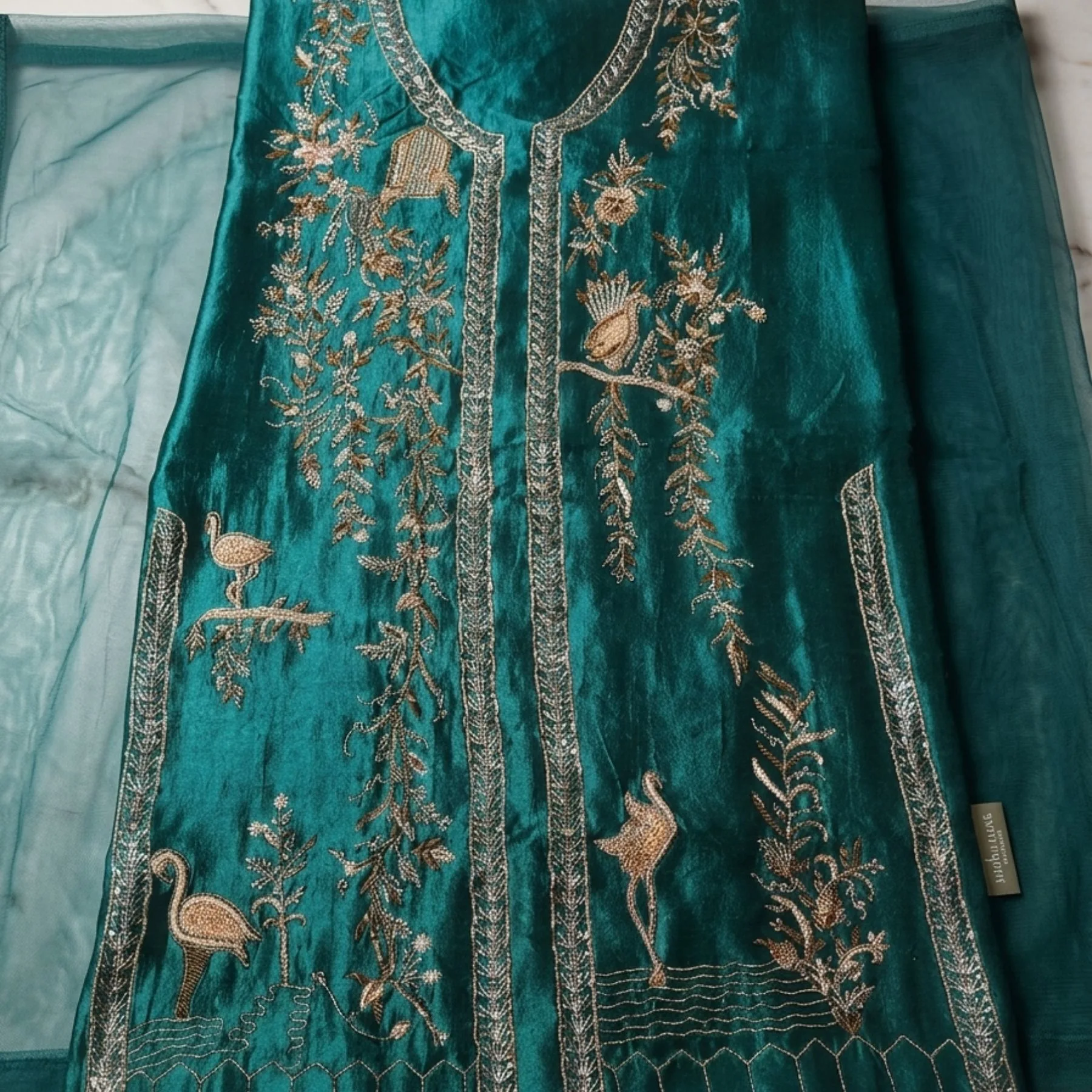 Teal blue pure silk unstitched suit for women