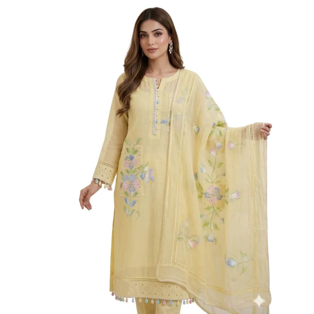 Yellow mul cotton unstitched suit with beautiful pearl dupatta by Kharatis