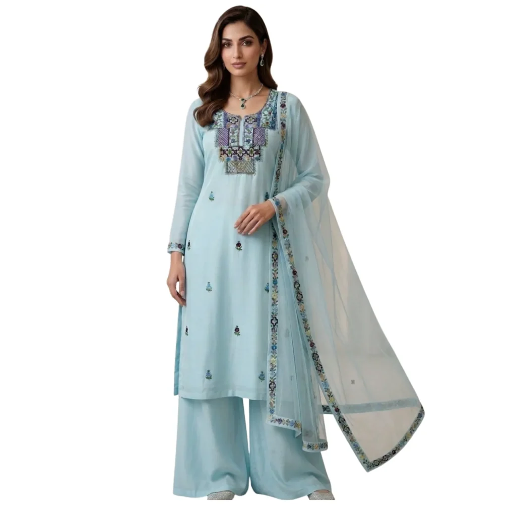 Sky blue georgette unstitched suit with thread knot work on neck by Kharatis