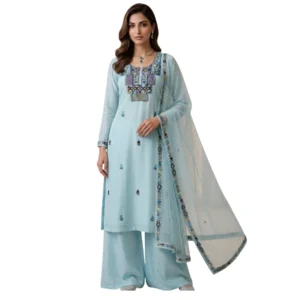 Sky blue georgette unstitched suit with thread knot work on neck by Kharatis
