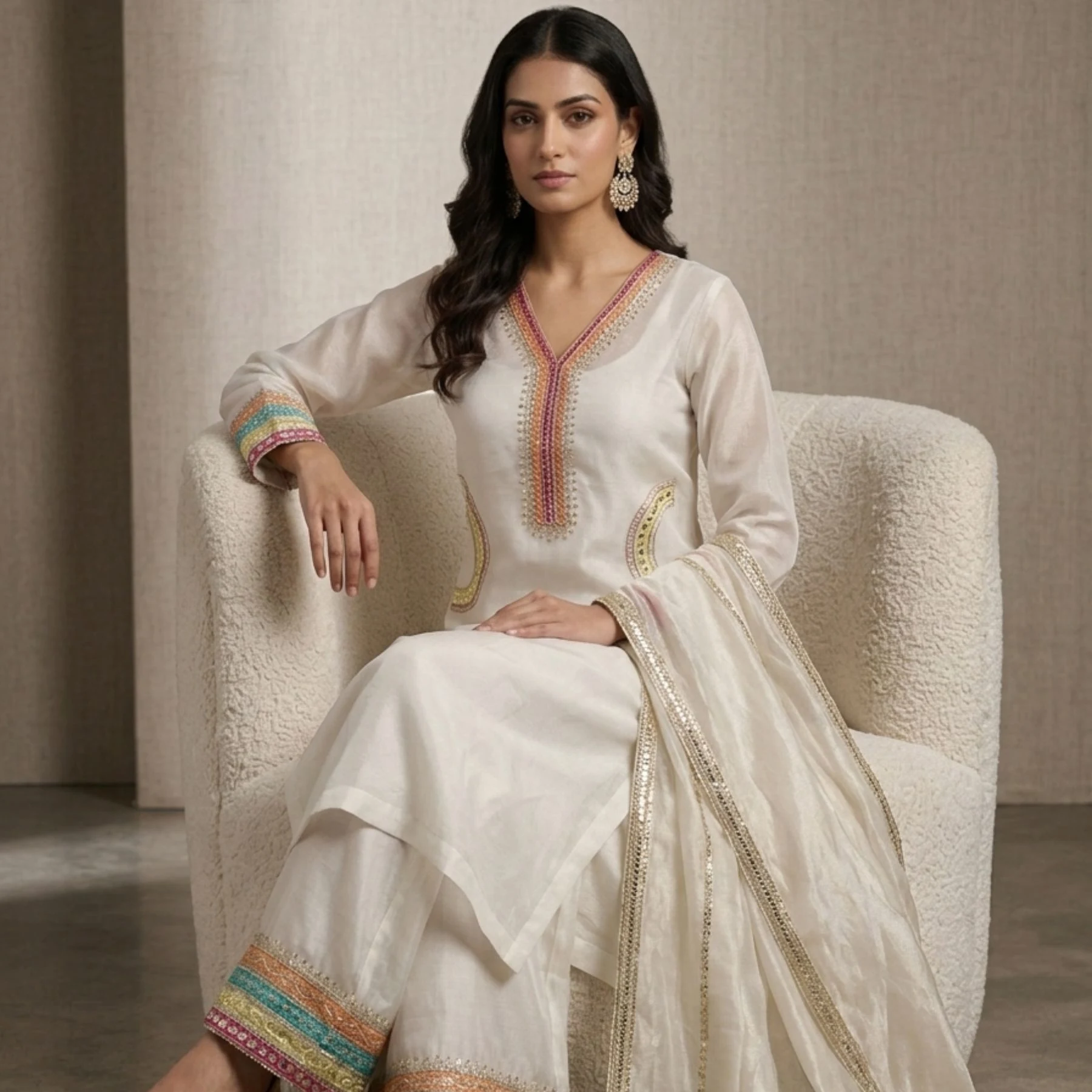 Off white organza unstitched suit for women