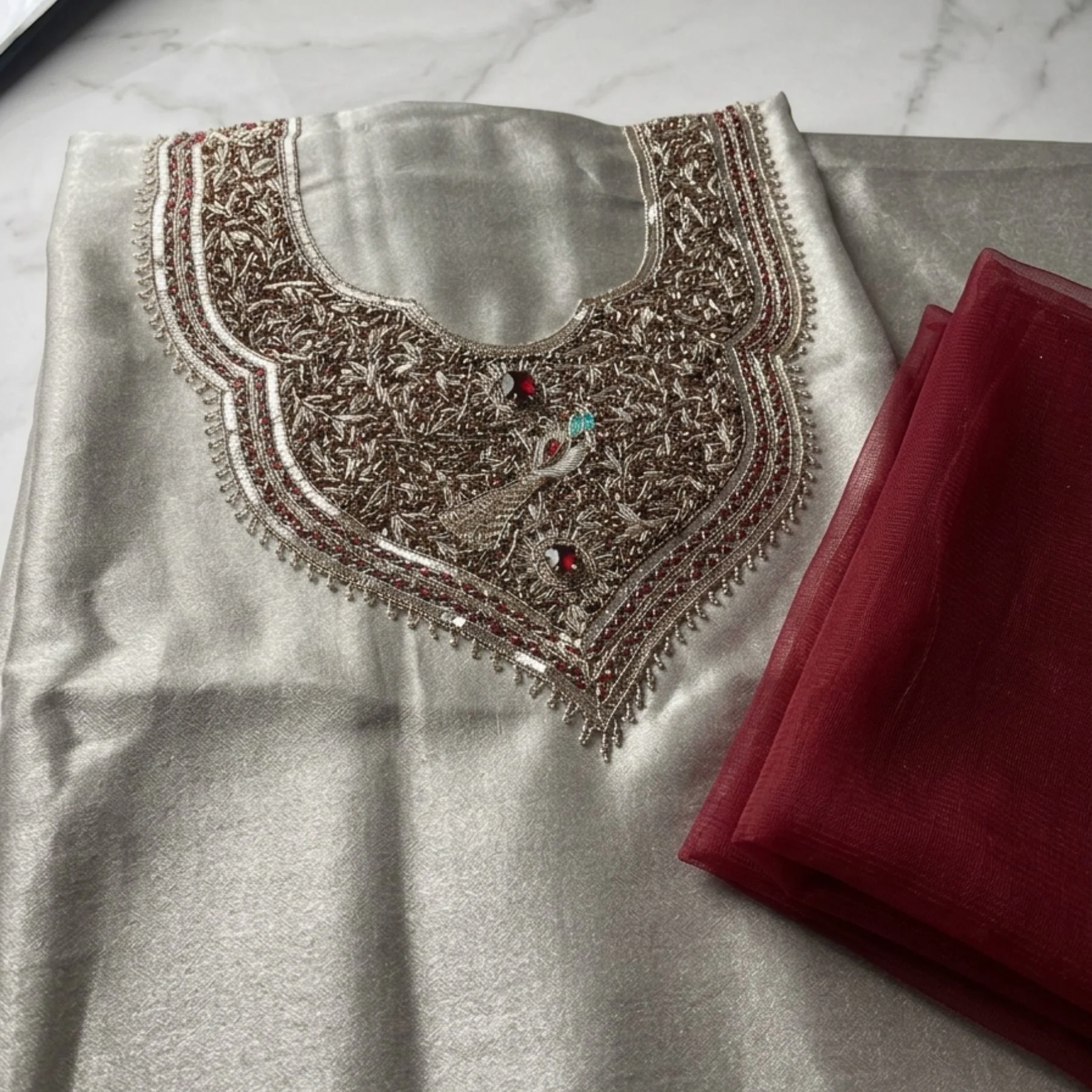 Silver shimmer silk unstitched suit for women