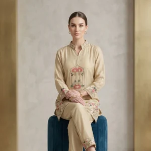 Woman cream masleen co-ord set with multicolor thread embroidery