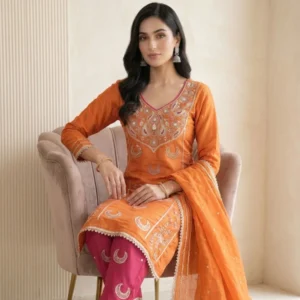 Orange and magenta Masleen silk unstitched suit