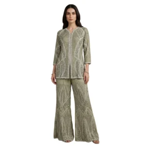 Women’s Sage Green Organza Pearl Work Co-Ord Set with Dupatta