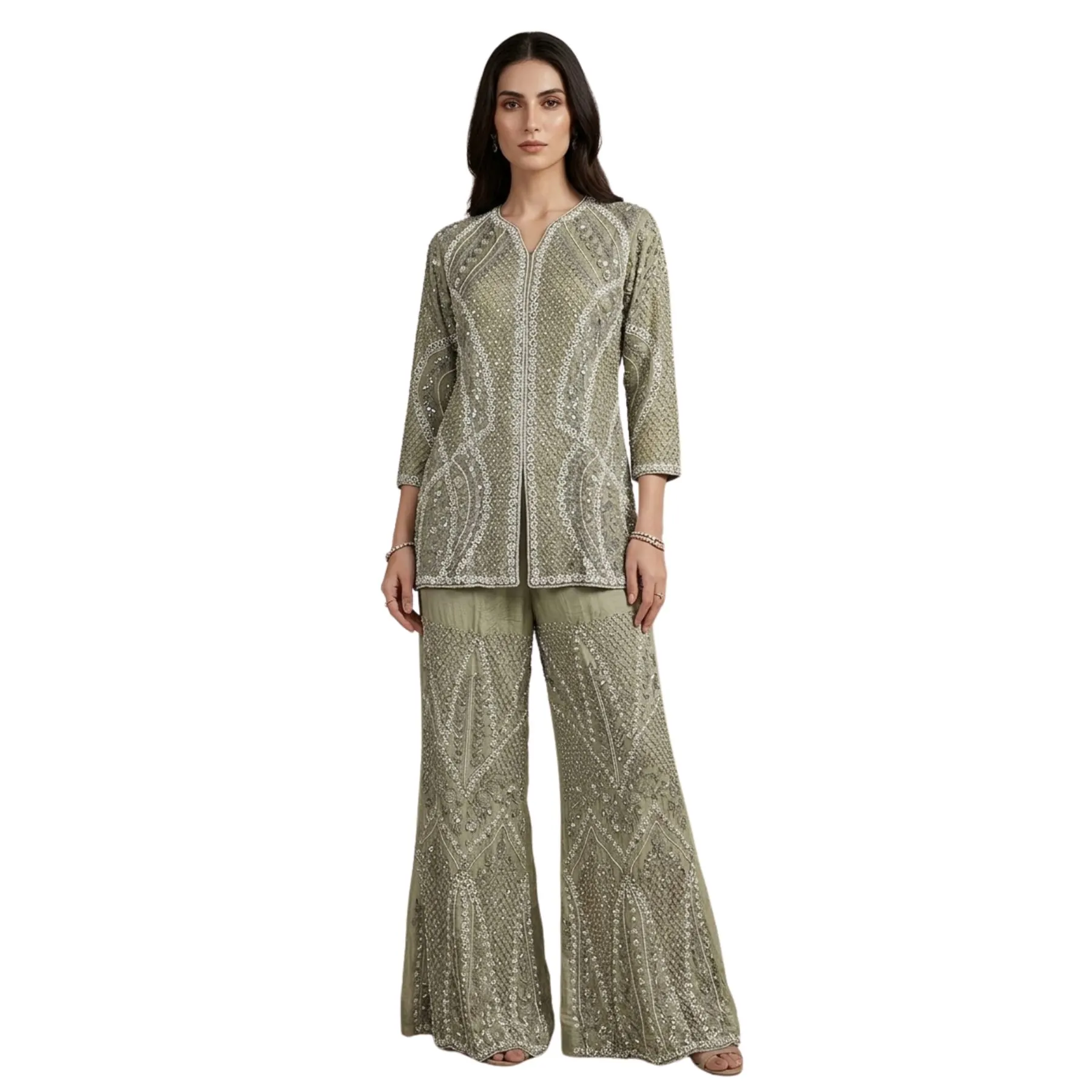 Women’s Sage Green Organza Pearl Work Co-Ord Set with Dupatta
