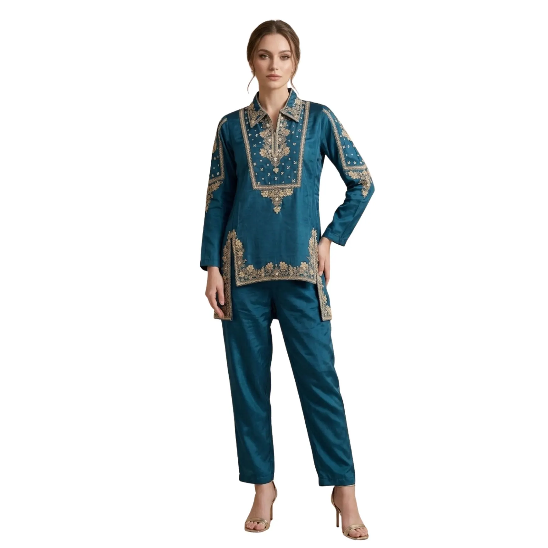 Kharatis Masline Silk Suit with Dabka and Thread Work Lace Design