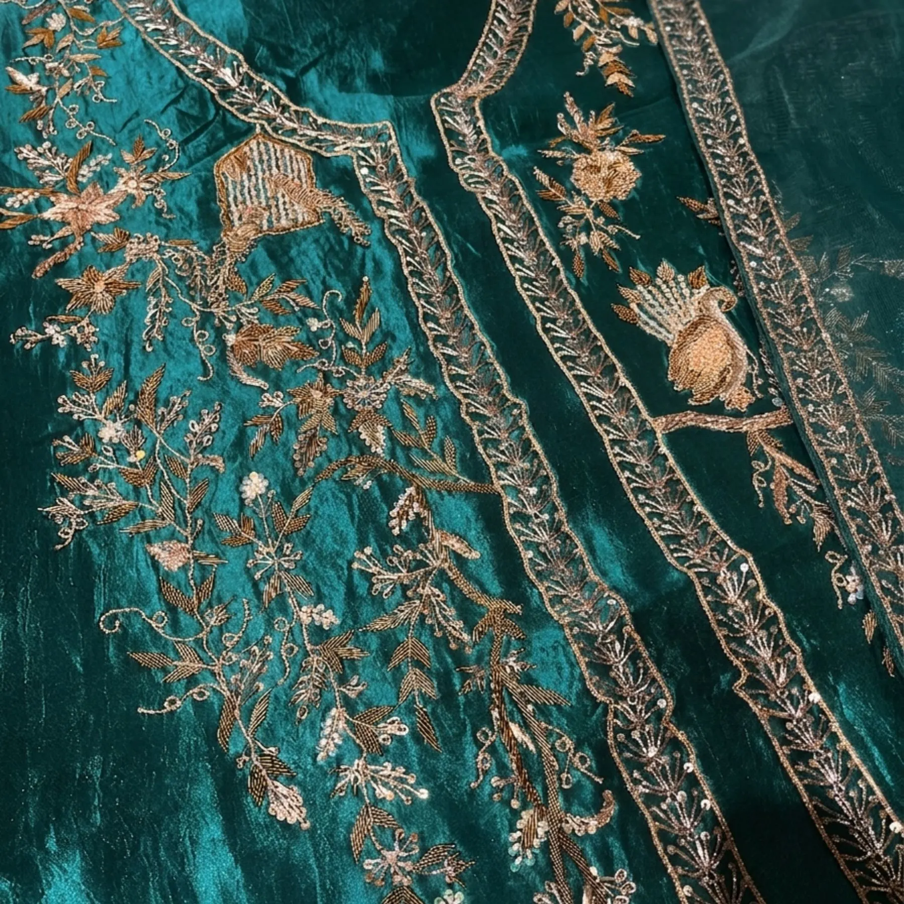 Teal blue pure silk unstitched suit for women