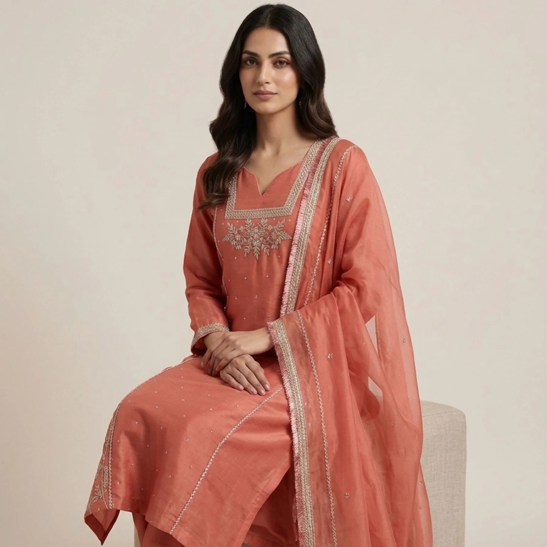 Pink organza unstitched suit with sippi cut daana and dabka work by Kharatis
